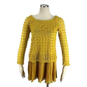 Pretty Angels Small Dress Silk Boho Yellow One Piece Accordion Skirt